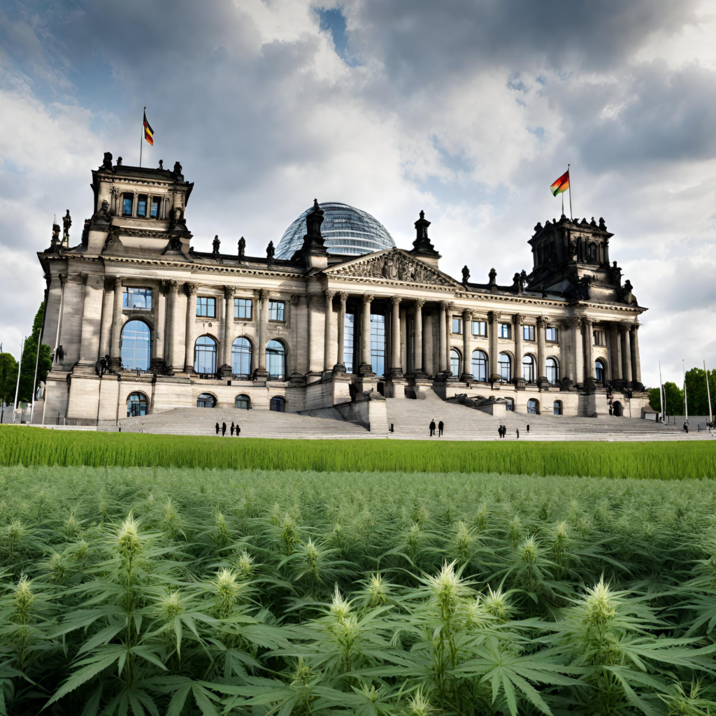 Fotomontage des Bundestags mit Hanffeld auf dem Parlamentsplatz