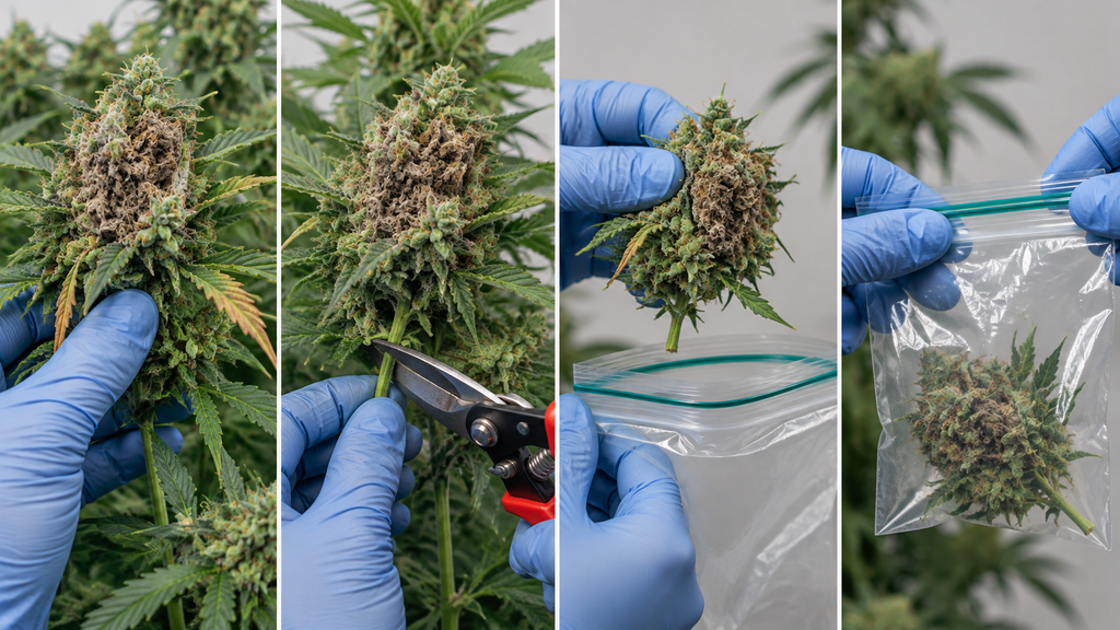 Befallene Cannabisblüte wird mit Handschuhen und sauberer Schere entfernt