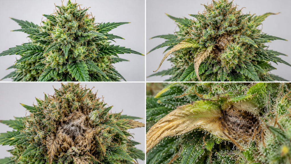 Vergleich einer gesunden Cannabisblüte mit frühem und fortgeschrittenem Bud Rot