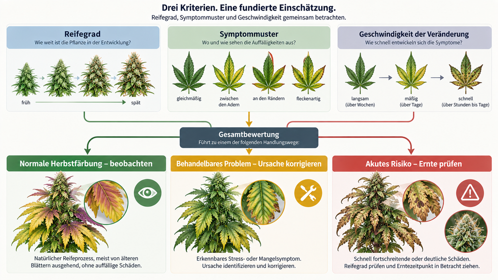 Entscheidungsbaum zur Cannabis-Pflanzendiagnose anhand von Reifegrad, Symptommuster und Veränderungsgeschwindigkeit mit drei möglichen Handlungspfaden.