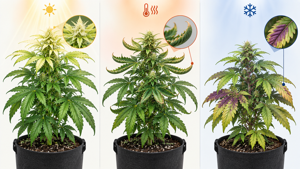 Vergleich von Licht-, Hitze- und Kältestress bei Cannabispflanzen mit aufgehelltem oberen Wachstum, hochgerollten Blatträndern sowie gelb-violetten Verfärbungen.