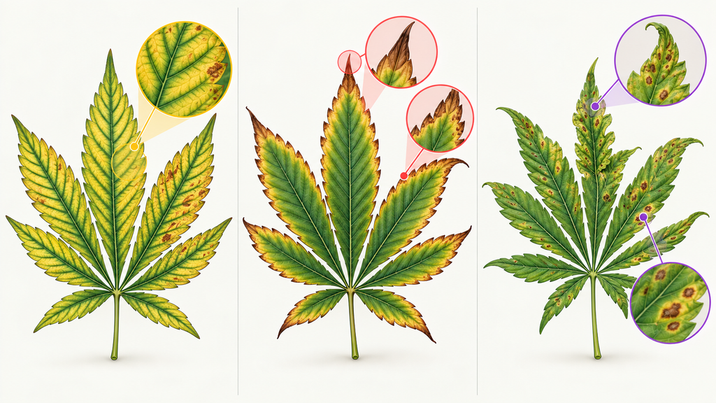 Vergleich typischer Blattsymptome bei Cannabis: interveinale Vergilbung bei Magnesiumproblemen, geschädigte Blattspitzen und -ränder bei Kaliumproblemen sowie punktuelle Flecken bei Calciumproblemen.