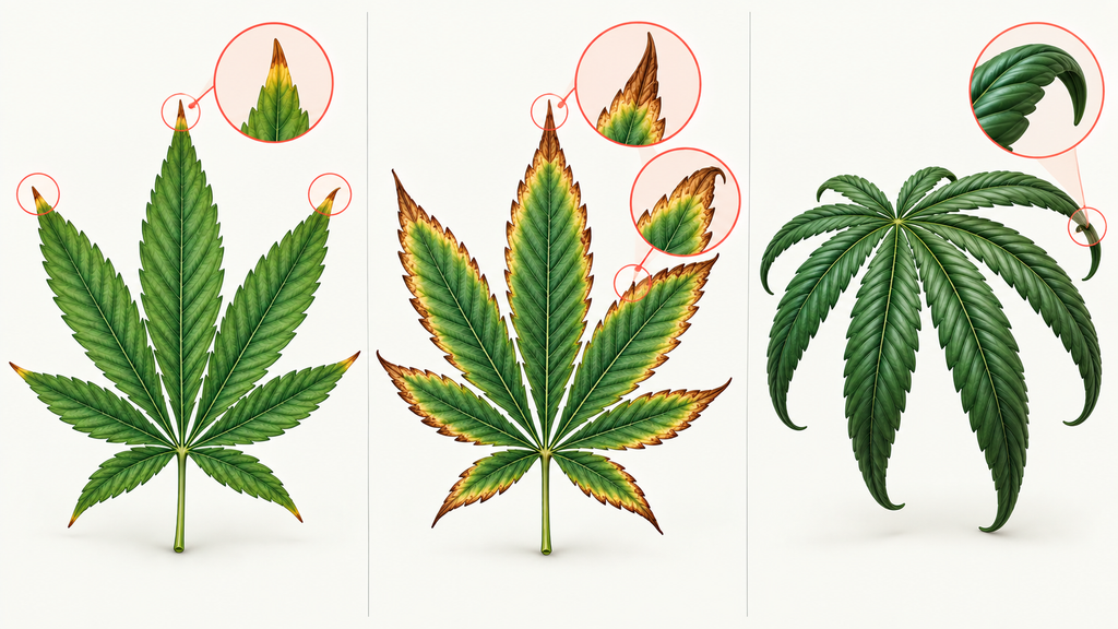 Drei Cannabisblätter mit typischen Anzeichen einer Überversorgung: beginnend braune Blattspitzen, fortgeschrittene trockene Blattränder und dunkelgrüne, nach unten gekrümmte Blätter.