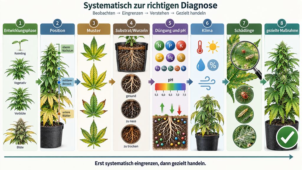 Diagnose-Flussdiagramm für Cannabis-Pflanzenprobleme mit acht Schritten von Entwicklungsphase und Symptommuster über Wurzeln, Düngung, pH und Klima bis zu Schädlingen und gezielter Maßnahme.