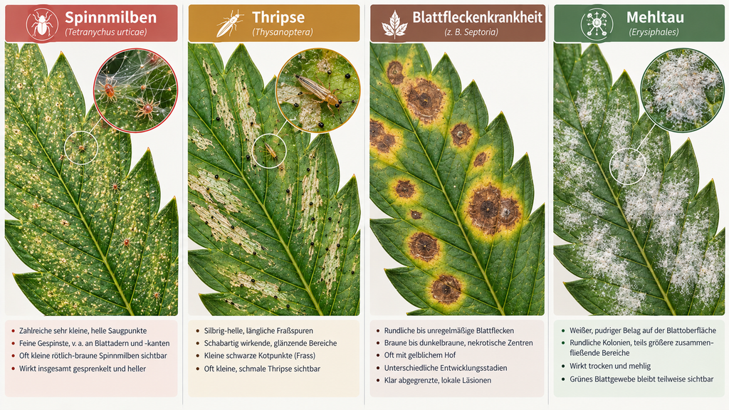 Vergleich typischer Blattschäden bei Cannabis durch Spinnmilben, Thripse, Blattfleckenkrankheit und Mehltau mit Saugpunkten, Fraßspuren, braunen Läsionen und weißem Belag.