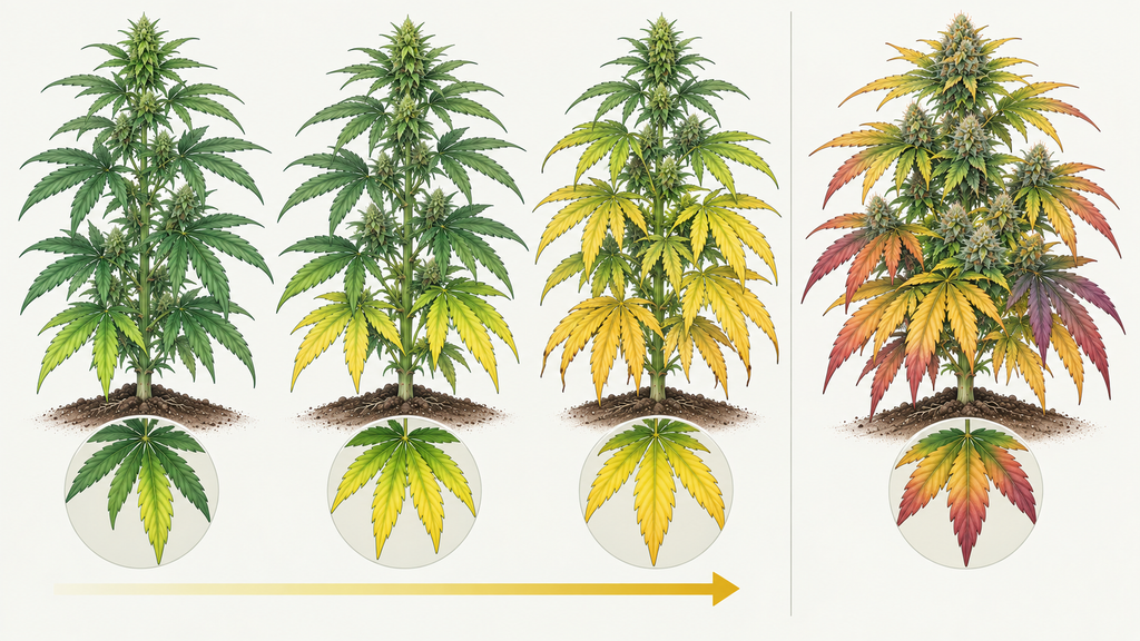 Vergleich der Entwicklung eines Stickstoffmangels bei Cannabispflanzen mit zunehmender Vergilbung von unten nach oben und einer spät blühenden Pflanze mit natürlichem Fade.