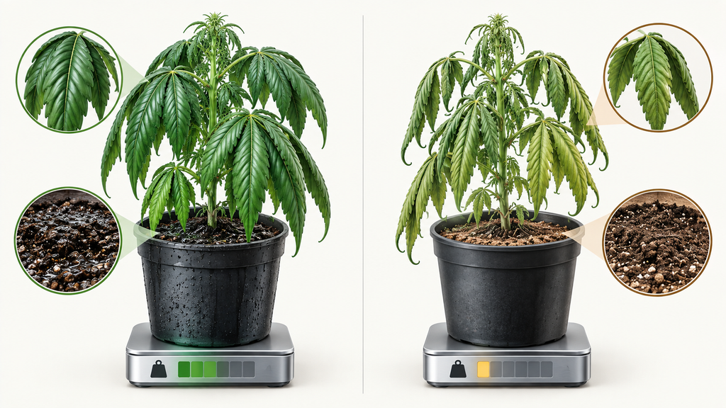 Vergleich einer überwässerten und einer zu trockenen Cannabispflanze: Beide zeigen hängende Blätter, unterscheiden sich jedoch durch Blattstruktur, Substratfeuchte und Topfgewicht.