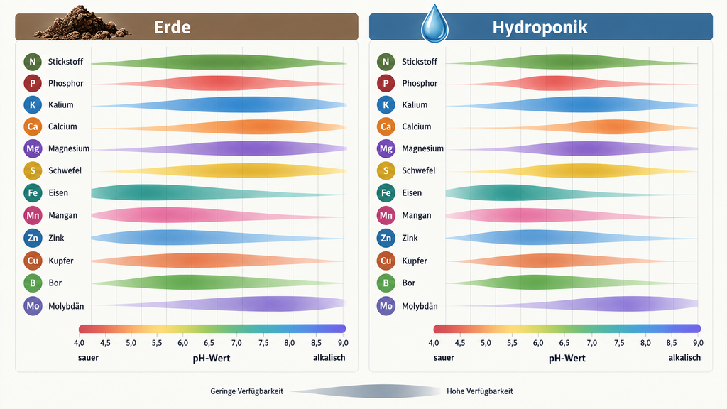 Vergleich der relativen Nährstoffverfügbarkeit bei unterschiedlichen pH-Werten in Erde und Hydroponik für Stickstoff, Phosphor, Kalium, Calcium, Magnesium und Spurenelemente.