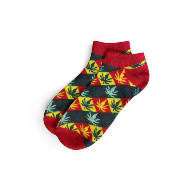 Socken I - We Love 36-42 kurz rasta mit schwarzen/gelben Blättern