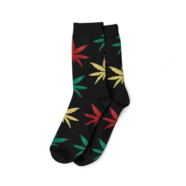 Socken I - We Love 36-42 lang schwarz mit rasta Blättern
