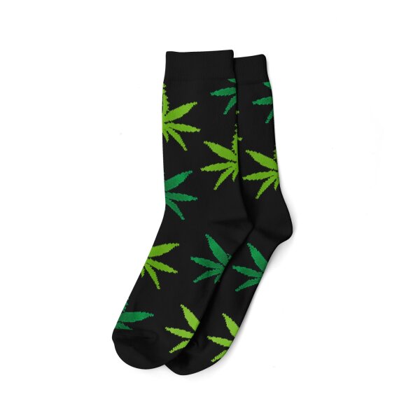Socken I - We Love 40-45 lang schwarz mit hell/dunkel grünen Blättern