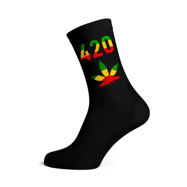 Socken I - We Love 40-45 lang schwarz 420 mit rasta Blättern